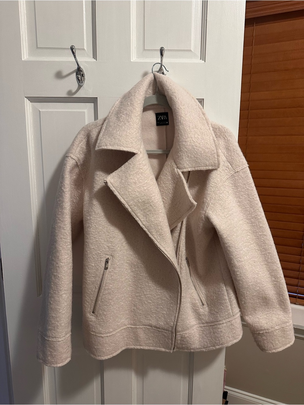 Zara Cream Teddy Jacket with Moto Lapel